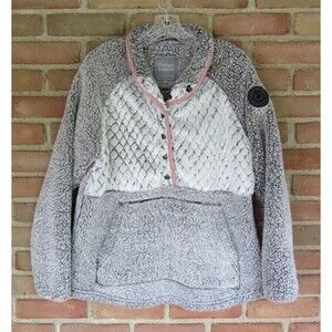 Simply Southern Fleece Pullover Womens Large Two Tone Gray Pink Trim Pouch